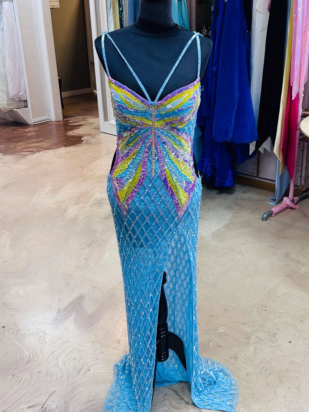 Blue Beaded Mermaid Prom Dress with Multicolor Sequin Detail